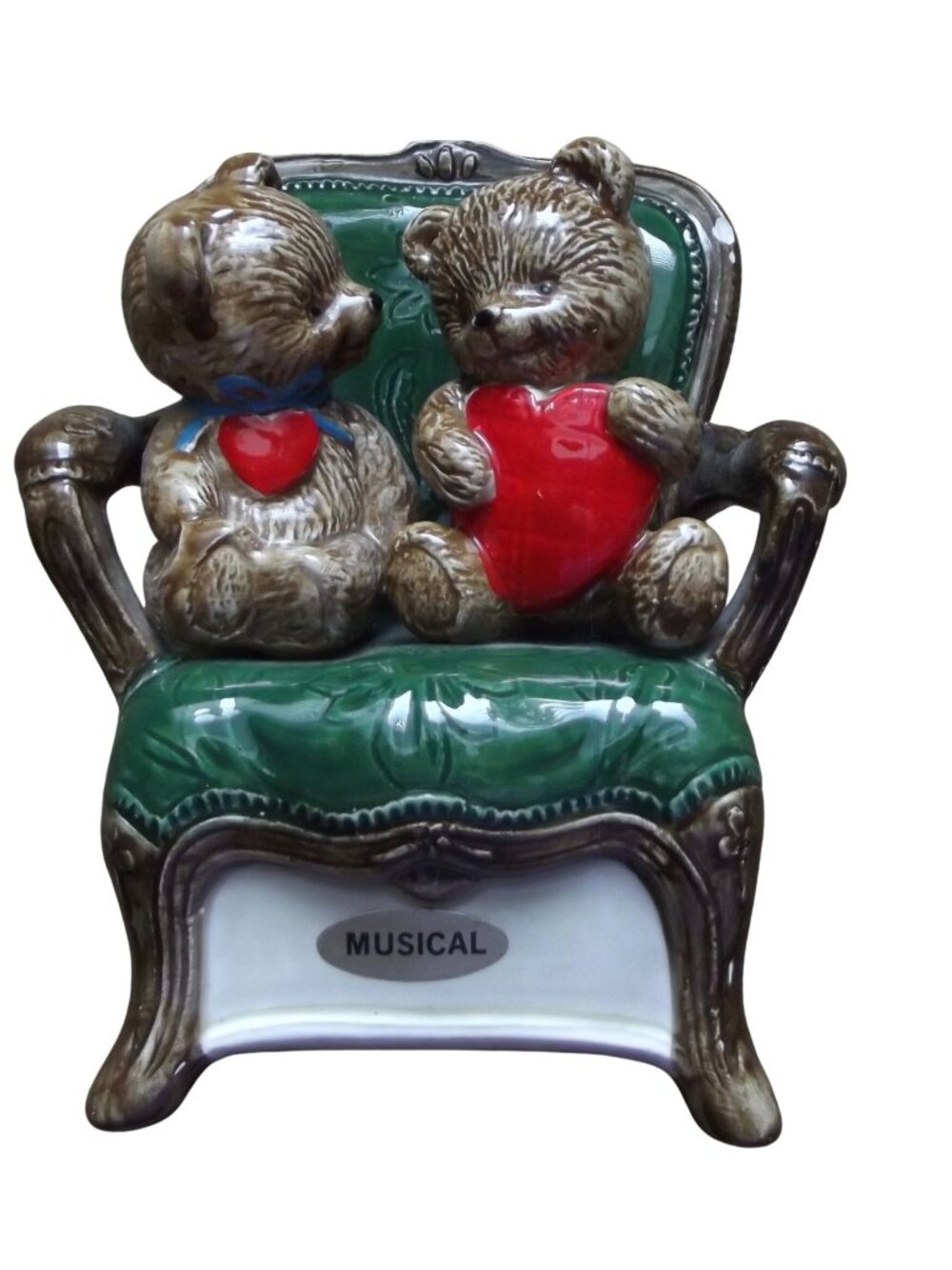 Otagiri Love Makes the World Go Round Musical Teddy Bears Green Chair Music Box